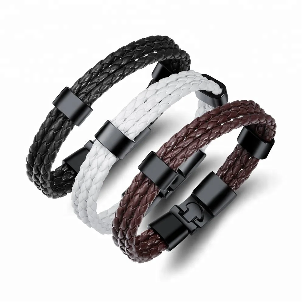 

Stainless steel parts genuine leather bracelet for couple, Black;white;brown