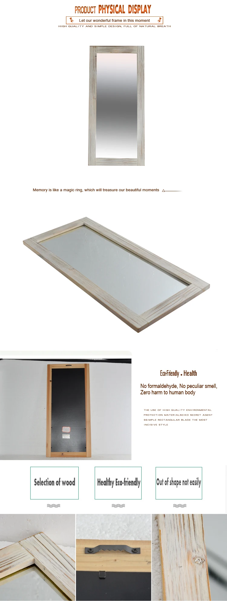 Long Decorative Distressed Unfinished  rectangular Wall rustic wooden mirror