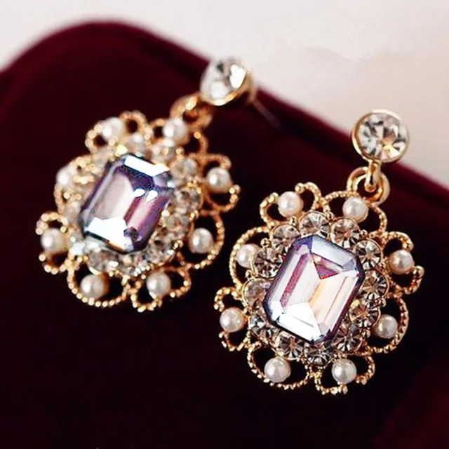 

Elegant Temperament Jewelry Pearls Vintage Fashion Custom Wholesale Crystal Square Drop Rhinestone Earrings For Women