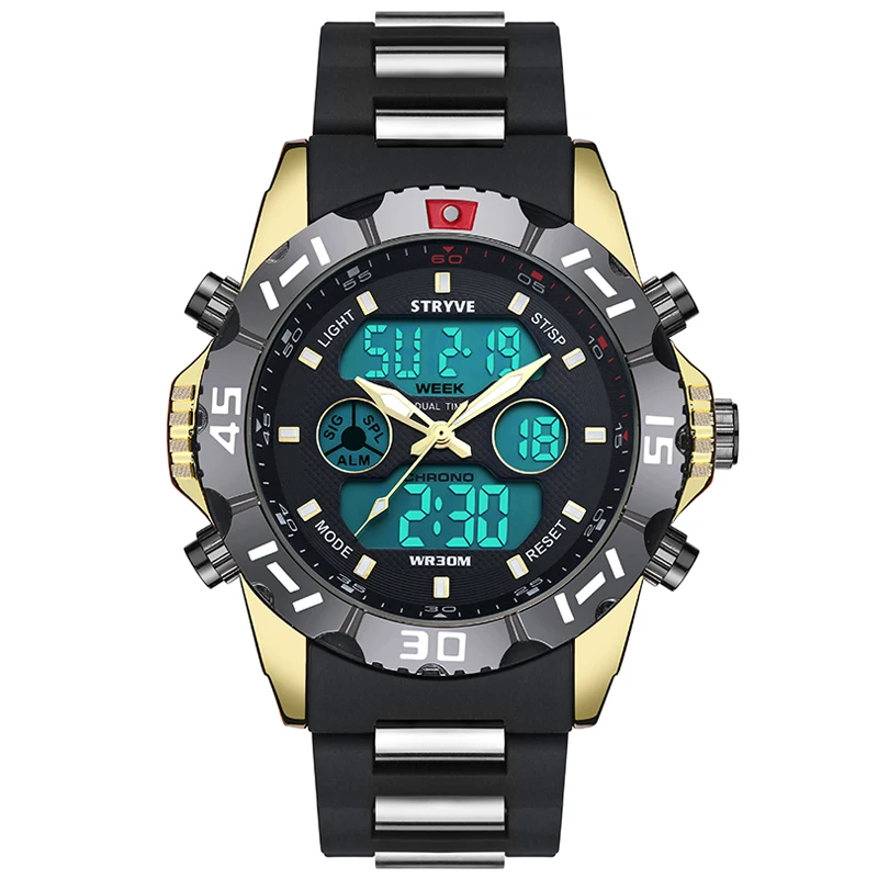 

Stryve 8010 Brand Luxury Dual Display Quartz Digital Male Led Clock Military Heavy Dial Waterproof Men Sport Watch