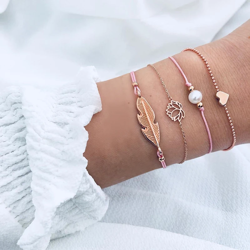 

4 Pcs/ Set Bohemian Leaves Heart Love Lotus Pearl Chain Bracelet Set Woven Multilayer Bracelet Set For Women (KB8138), As picture