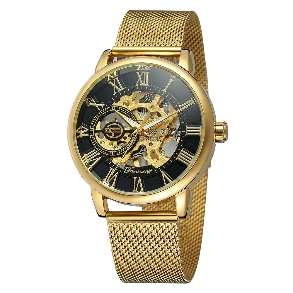 

FORSINING Brand Gold Mesh Metal Band Roman Number Skeleton Dial 3D Engraved Logo Man Casual Automatic Mechanical Wristwatch