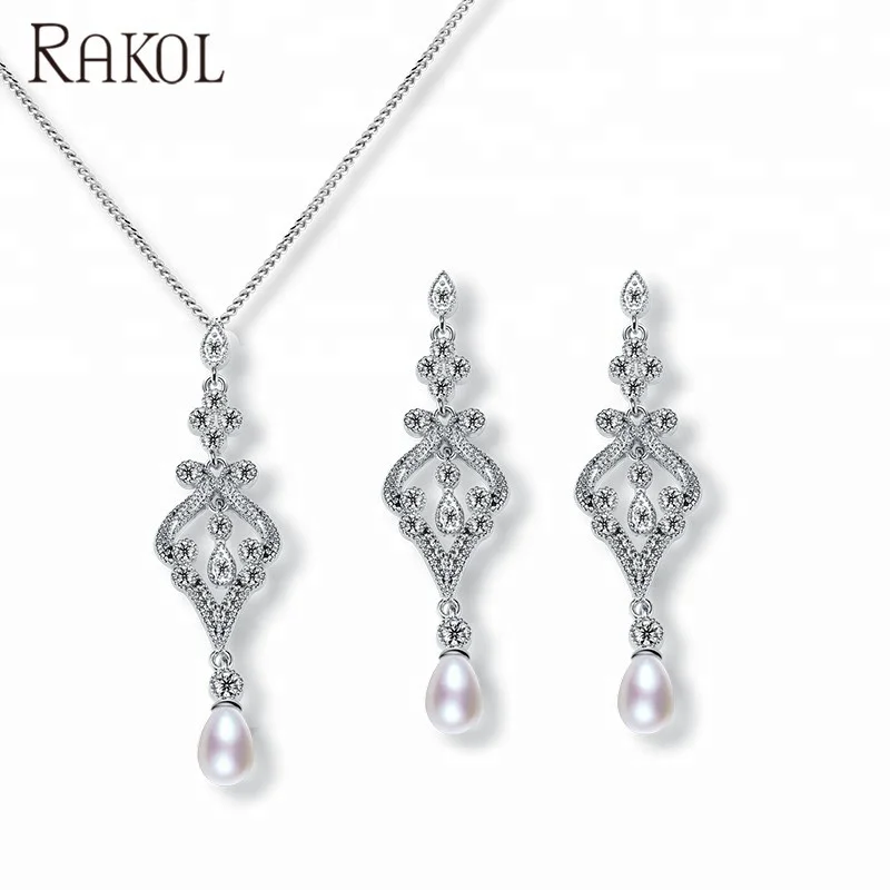 

RAKOL SP265 Vintage Design Hollow Full Inlay CZ zircon Pearl Pendant Necklace Earrings Jewelry Set, As picture