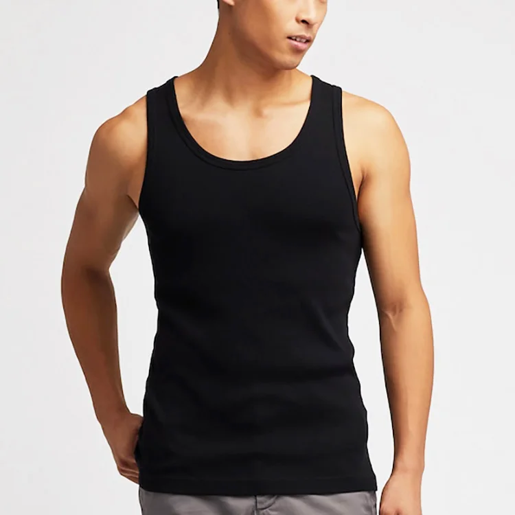 

Summer Plain Black Ribbed Knit Round Neck Vest Tank Top for Men, At your request