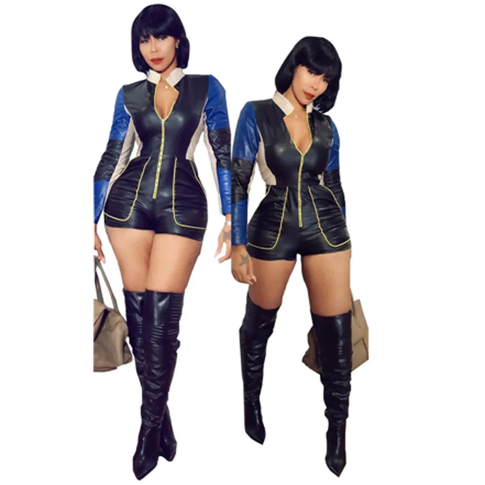 

women fashion pu faux leather long sleeve jumpsuits and rompers F1074
