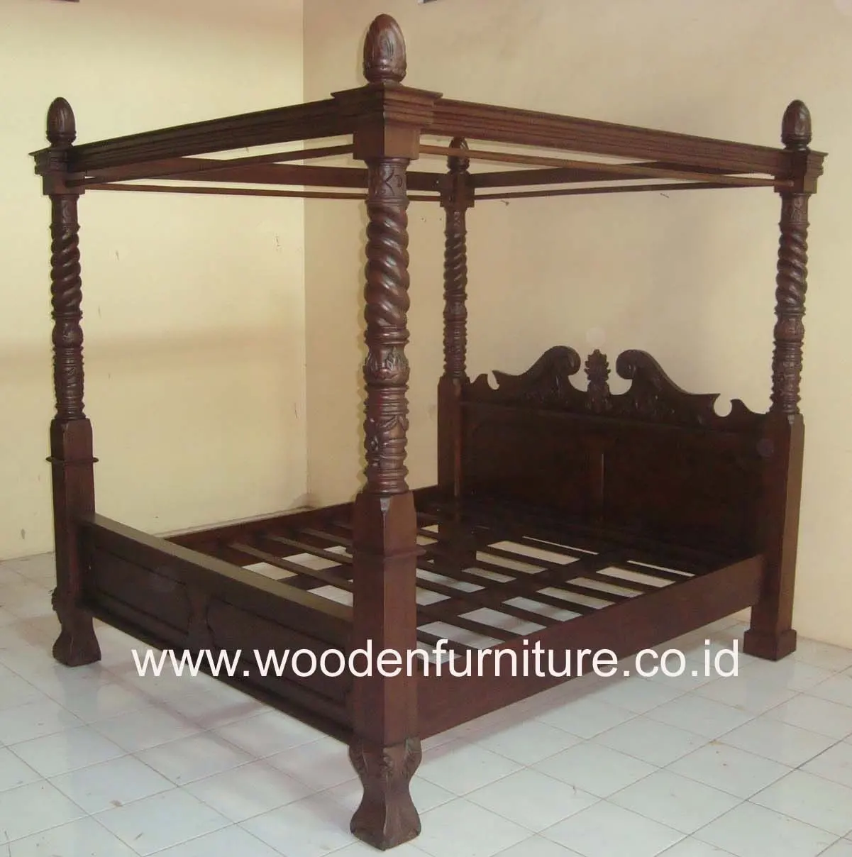 Teak hemelbed houten bed bed vier posters vintage antieke ...