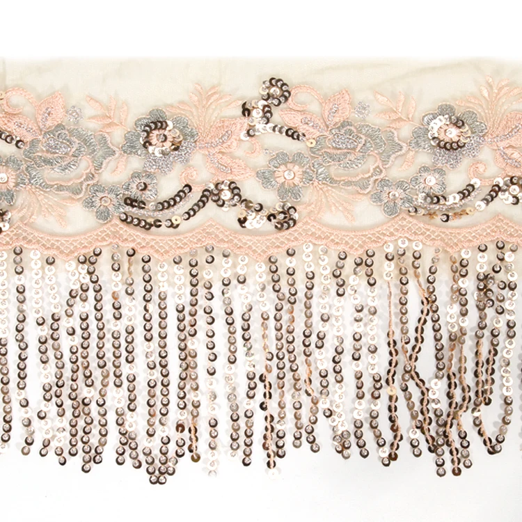 

Custom Decorative Floral Sequin Embroidery Beaded Fringe Lace Border