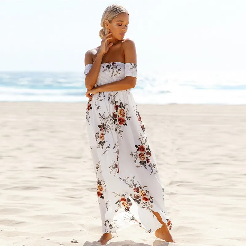 2019 new Boho style long dress women Off shoulder beach summer dresses Floral print Vintage chiffon white maxi dress vestidos