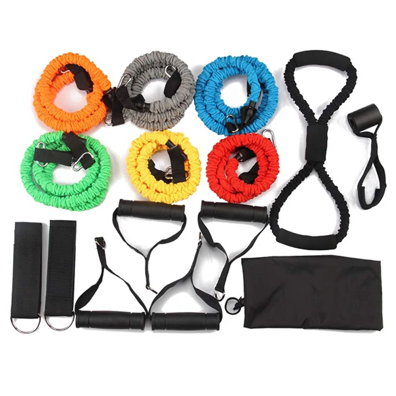 

wholesale high resistance band work out 11 pcs resistance bands set with fabric covered for gym fitness, Black,red,yellow,blue,green