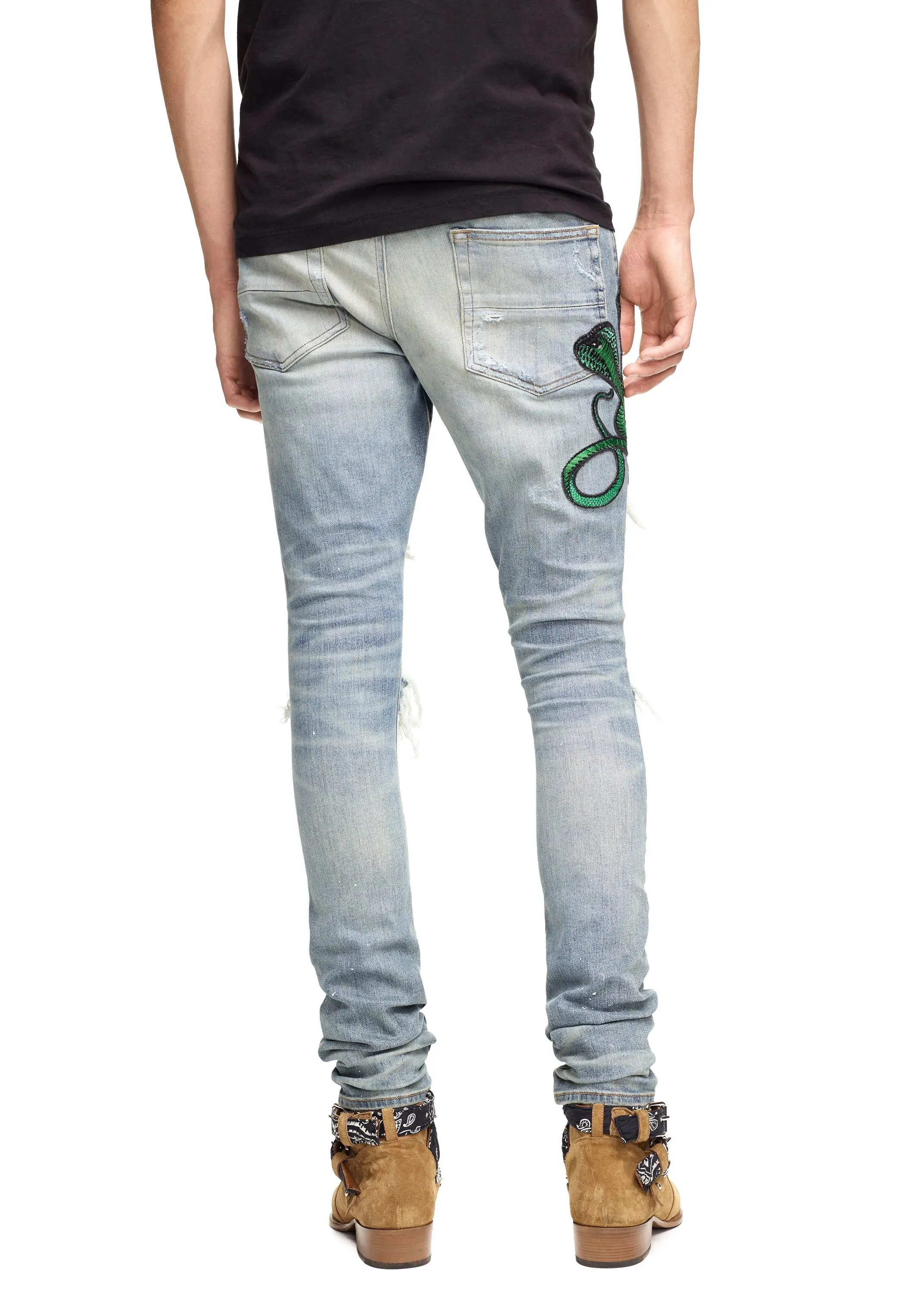 
DiZNEW 3D Distressed Stacks embroidered Snake Whiskers Denim Jean For Men 