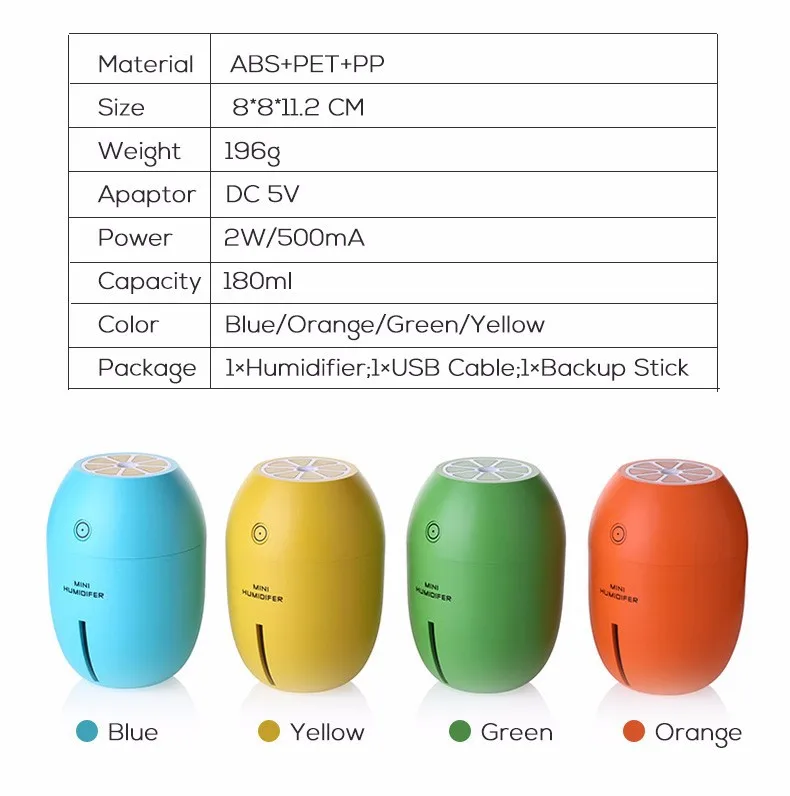 7-colors Colorful Nightlight Portable Cute Lemon USB Air Spray Diffuser Car Humidifier