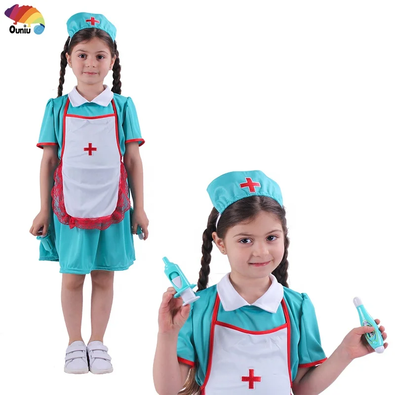 Japanese blue nurse girls fancy dance costumes for kids halloween nurse uniform apron dress costume