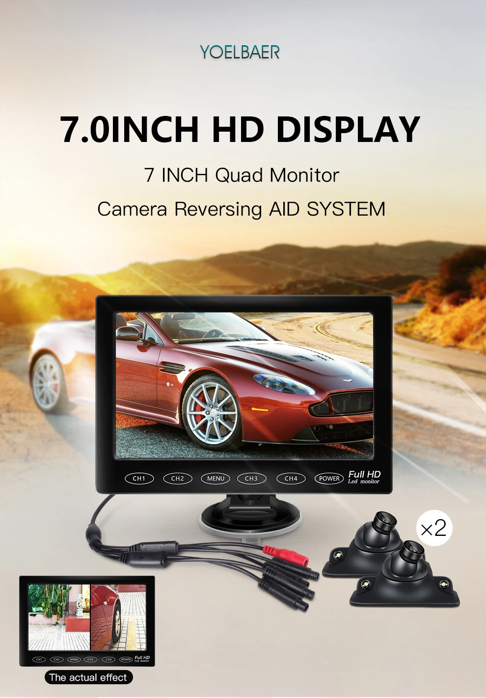 7 Inch Touch Screen Backup Camera Front and Rear Dual Channel with Mini 4 Pin Rear View Reversing Camera