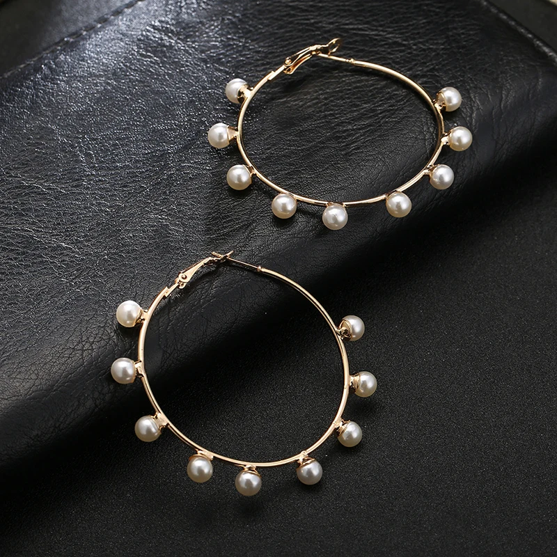 

Boho Imitation Pearl Round Circle Hoop Earrings Women Gold Color Exaggerated Big Hoop Earrings (KER235), Same as the picture