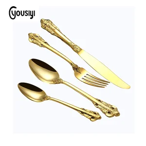 Baroque Style Royal Stainless Steel Gold Flatware Set, Gold Cutlery set for Wedding