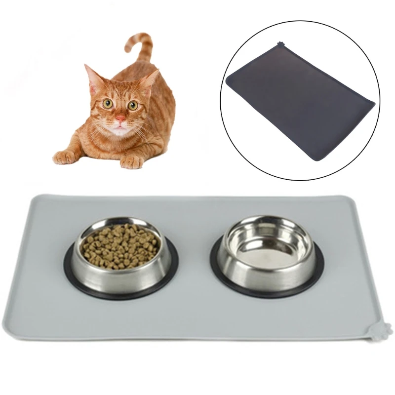 

Pet Cats And Dogs Silicone Feeding Mat Waterproof Non Slip Bowl Drinking Mat Easy To Clean Spill Proof Placemat Accessories, Grey,black
