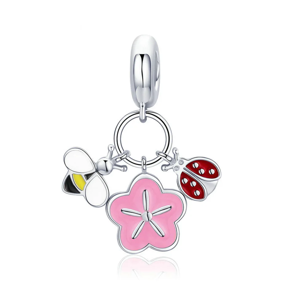 

925 Sterling Silver Friendship Flower Bee And Ladybug Pendant Charms fit Women Bracelets DIY Jewelry Colorful Enamel Pendant