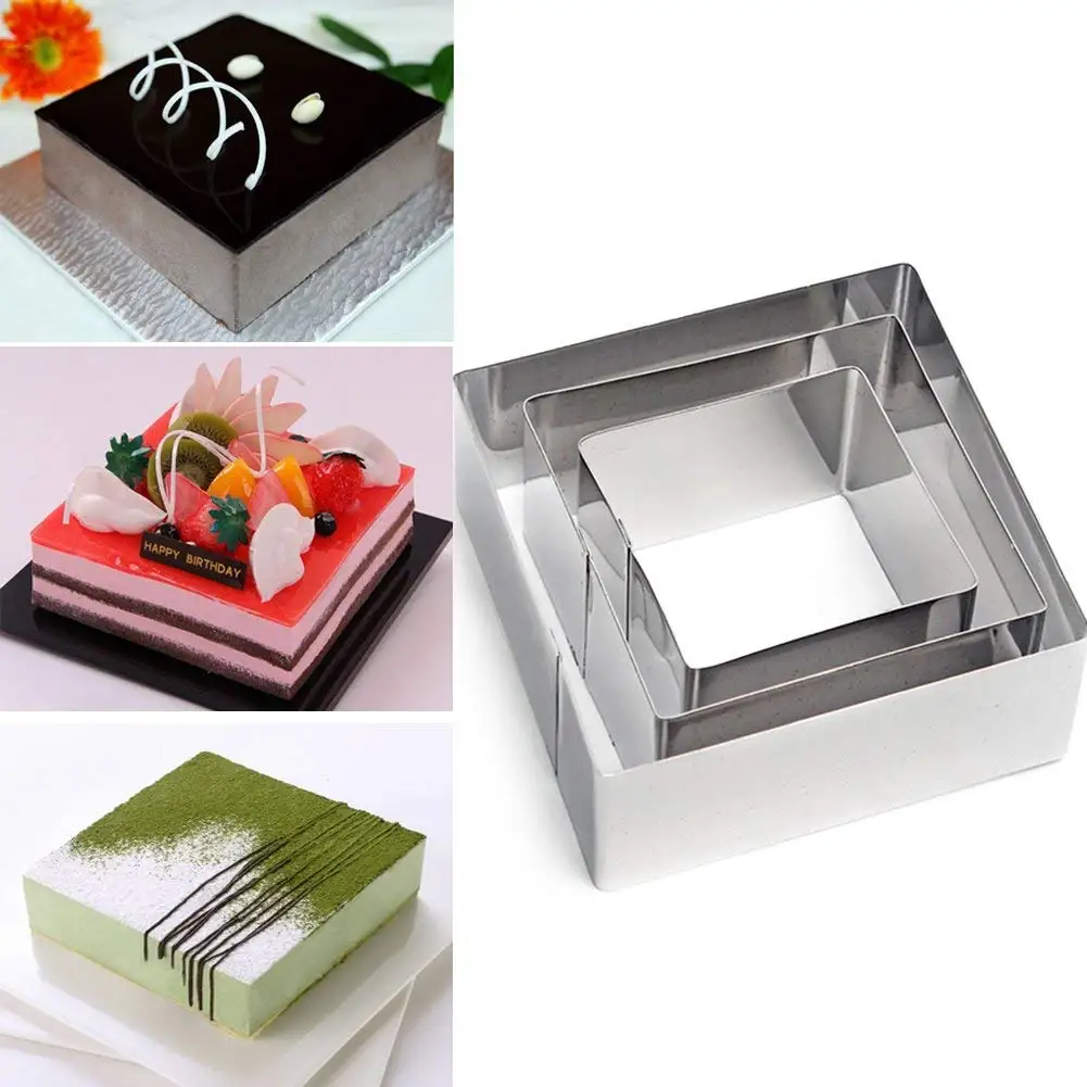 3pcs /set Square Stainless Steel Mousses Rings,Layering Cake Baking Mould,Pastry Dessert Cutter Molds(6/8/10cm4cm,Silver)