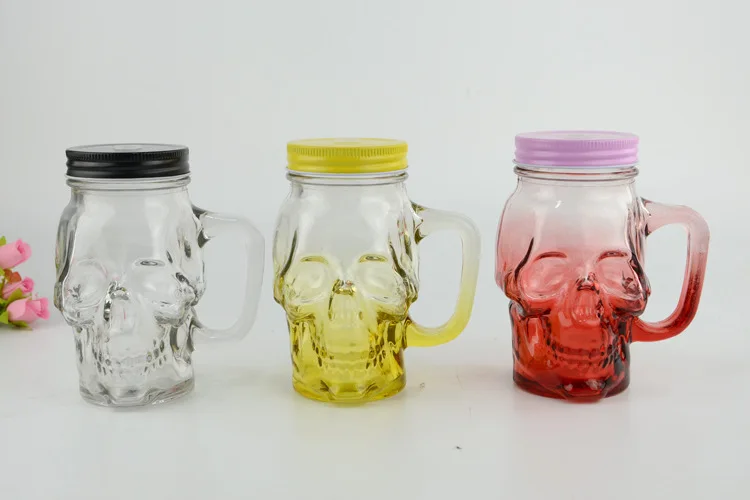 450ml Skull shaped color printing glass mason jar handle cup drinking glass bottle with Lids and Straw