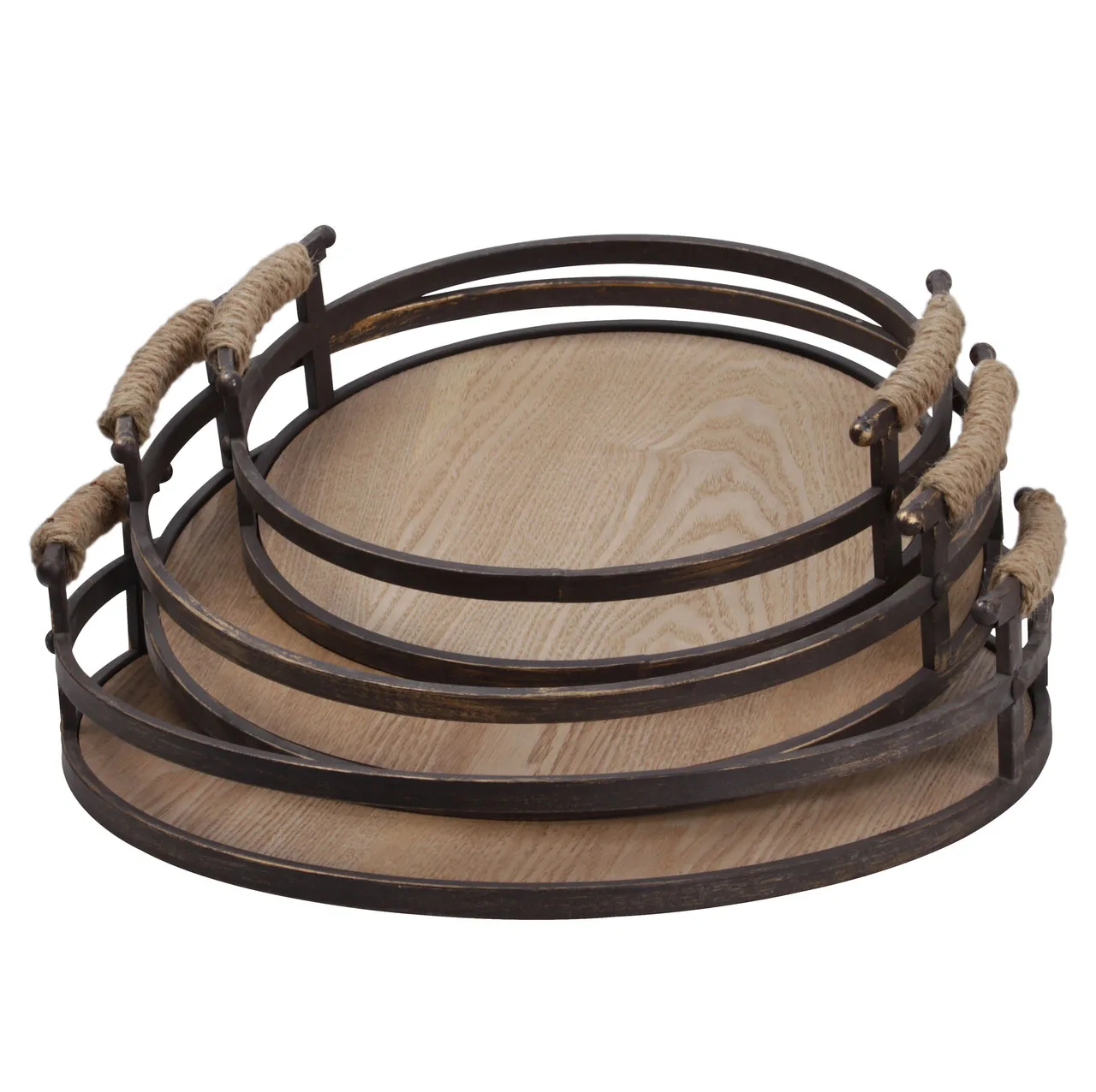 Metal Round Tray With Wooden Surface And Rope Covered Side Handles Set