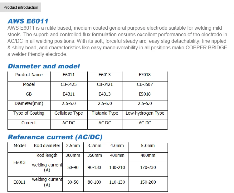 Mild Steel Welding Electrode Aws E6011 J425 With Copper Bridge Brand