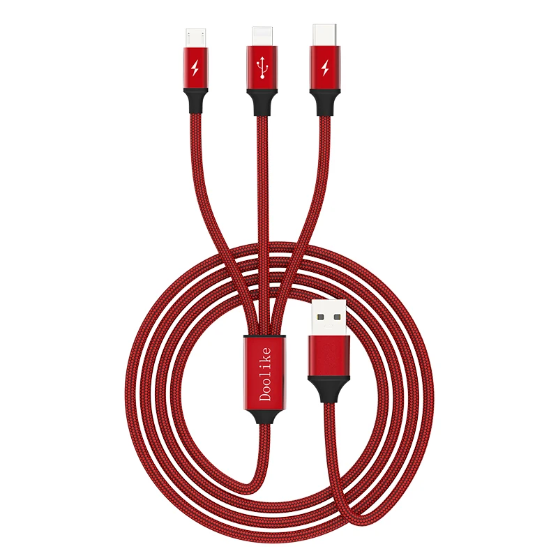 

1M Nylon Cable 3 in 1 USB Charging Cable for Smart Phone USB Data Cable, Red;black;grey