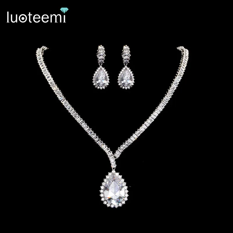 

LUOTEEMI Women Luxury Rhodium Plated Cubic Zirconia Diamond Waterdrop Pendant Necklace Earrings Sets Bridal Wedding Jewelry Set