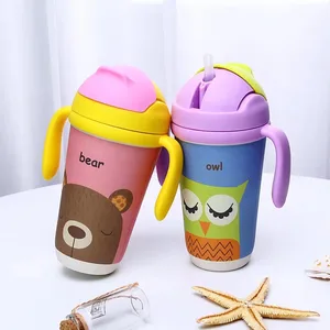 BPA free non spill bamboo fiber kids children baby travel drinking training sippy cup China wholesale with lid and straw handle