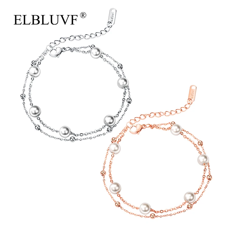 

ELBLUVF Stainless Steel Ball Bracelet Double Chain Artificial Pearls Jewelry For Girls/Women/Ladies, Rose gold , stainless steel