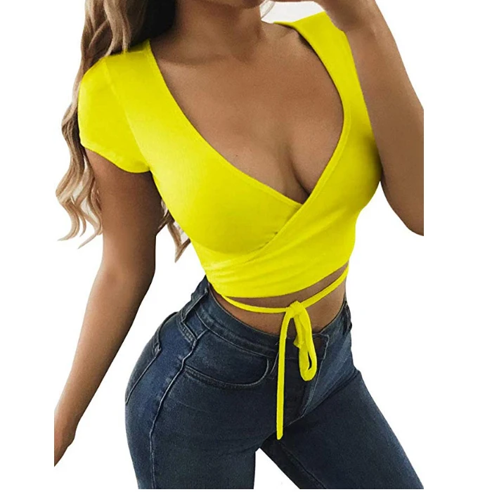 women's deep v neck long sleeve bandage cross wrap tie up crop top