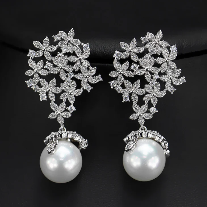Fashion Marquise Shape Cz Pearl Earring White White Color Bridal Wedding Earring