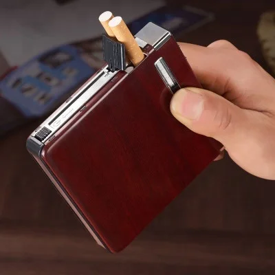 

Wood grain automatic cigarette case with usb charging lighter for 20 Cigarettes