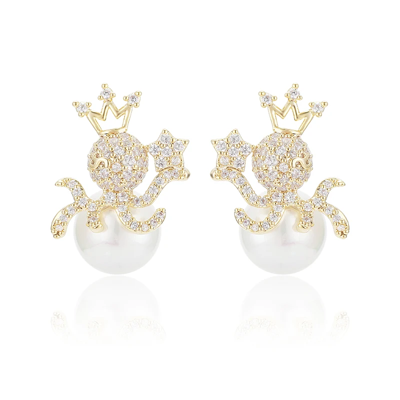 

New Arrival Designs Octopus Crown Pearl Zircon Cute Animal Shape Stud Earrings For Women, Gold;silver