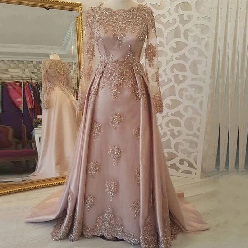 

Luxury Lace Beading Evening Dress Satin Long Sleeves Prom Dresses Party Gowns, Custom made