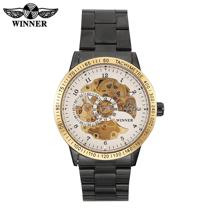 

2018 Famous Brand Winner Luxury Fashion two circles Vintage steel stainless men wristwatch Black dial mechanical skeleton watch