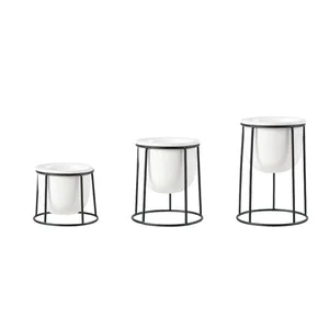 Image of Ceramic Plant Pot with Metal Stand and Drainage Hole Window Boxes Succulent Cactus Flower Pot White with Iron Stand Holder for