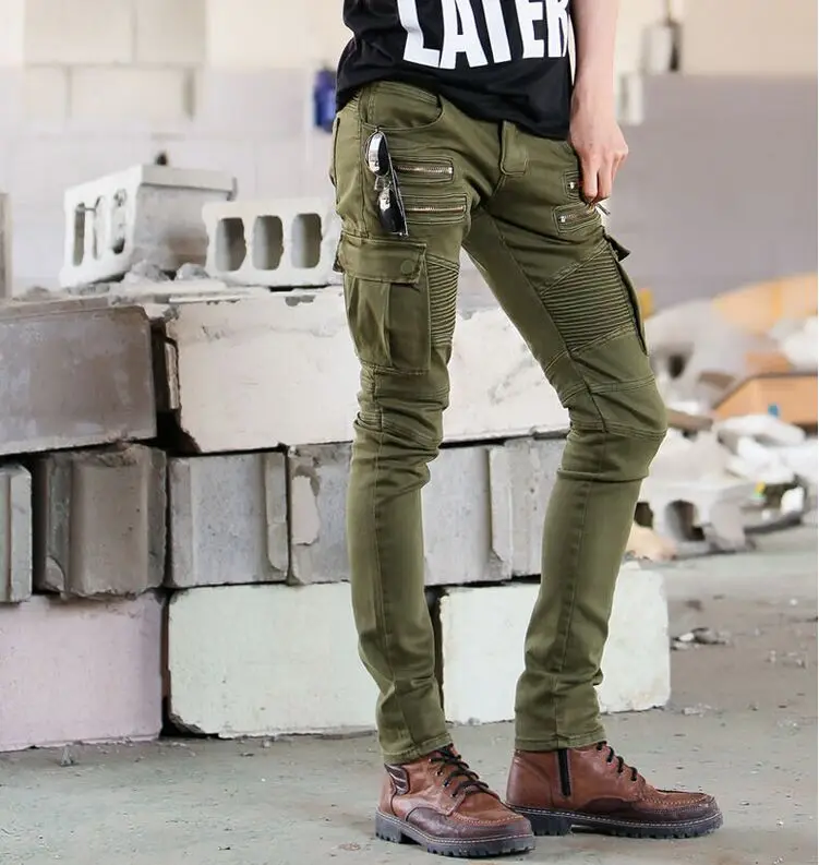 Dos Colores Verde Y Negro Para Hombres Biker Skinny Jeans Para