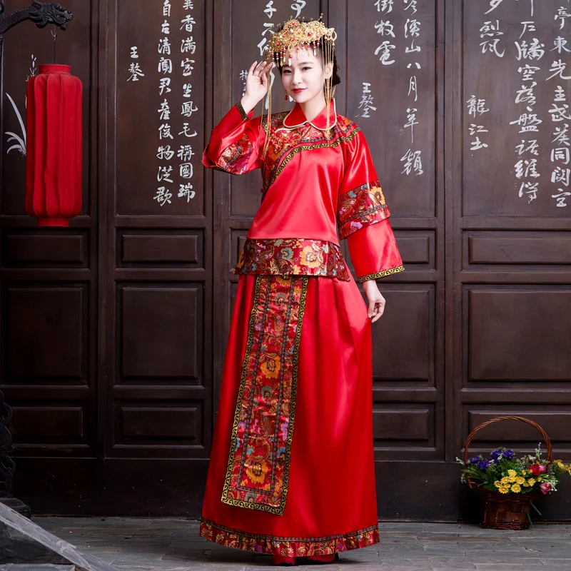 

Bride Cheongsam Formal Dress National Dress Chinese Style Dresses Classical Clothes Long Sleeves Performance Wear ZH12014, Red