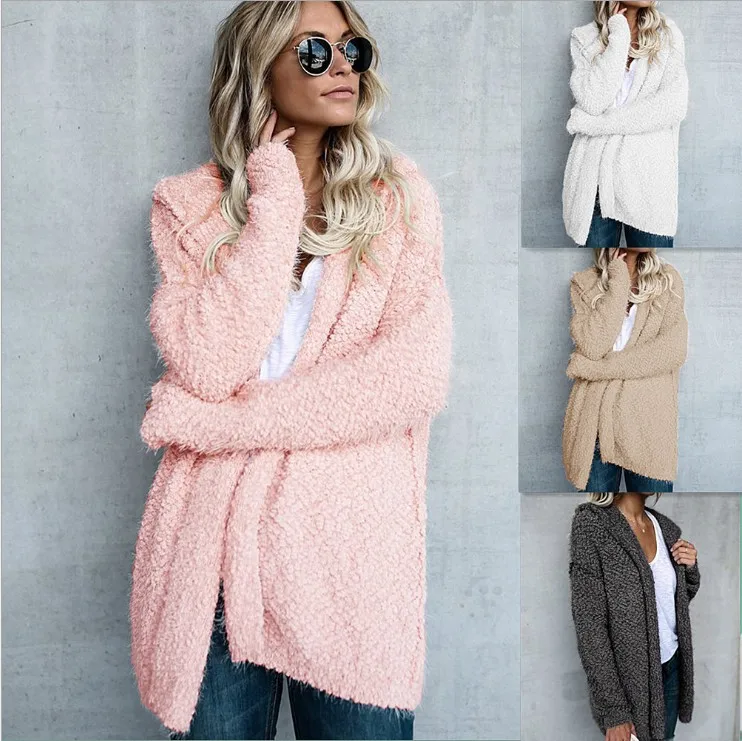 

2018 Hooded Cardigan Jacket Women Wear Winter Coat Women, White;khaki;dark gray;pink