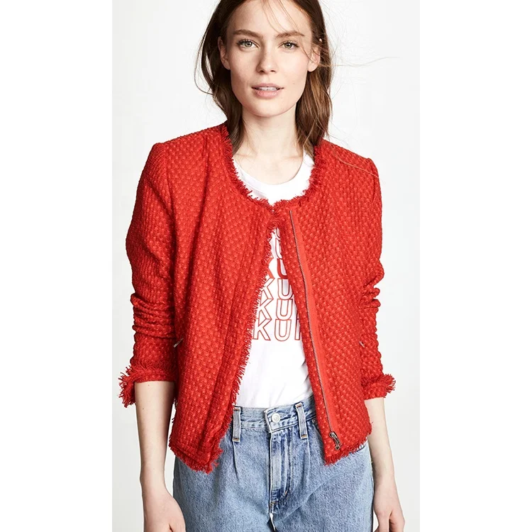 High quality new design O-neck Metal zipper red tweed blazer slim fit casual jacket lady