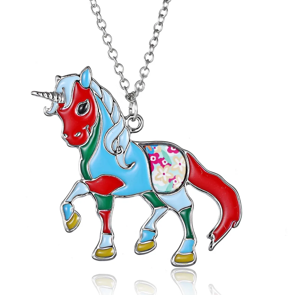 

Fashionable alloy rainbow color unicorn necklace butterfly colorized print stickers dripping oil cat pendant necklace