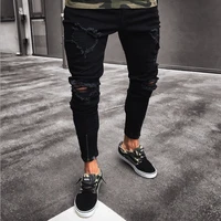 

biker jeans men's black holes elastic zippers men's trousers skinny Europe and the United States tight pants