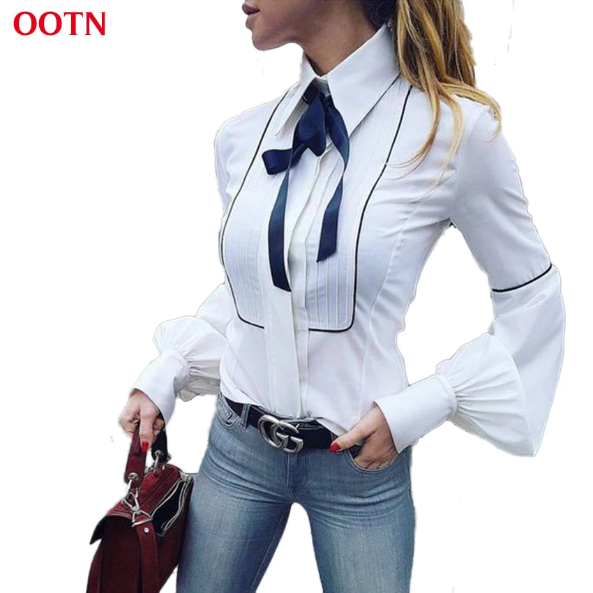 

OOTN Female Elegant Top 2019 Winter Autumn Tops Women Lantern Sleeve White Blue Tunic Button Down Shirts Office Bow Tie Blouses