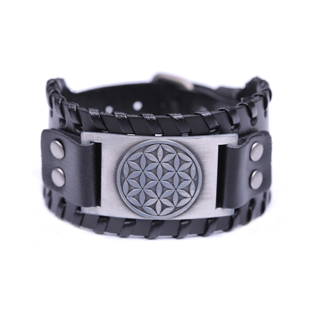 

Newest Dropshipping Cherish Our Life and Life is the Most Important Flower of Life Pattern Wide Black Leather Bracelet