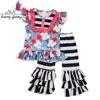 Smocking baby girls floral printed cotton ruffle t-shirts black white stripe clothes set