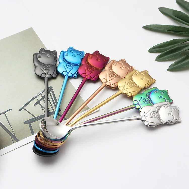 

Food Grade fortune cat shaped stainless steel coffee ice stirring spoon, Multicolor