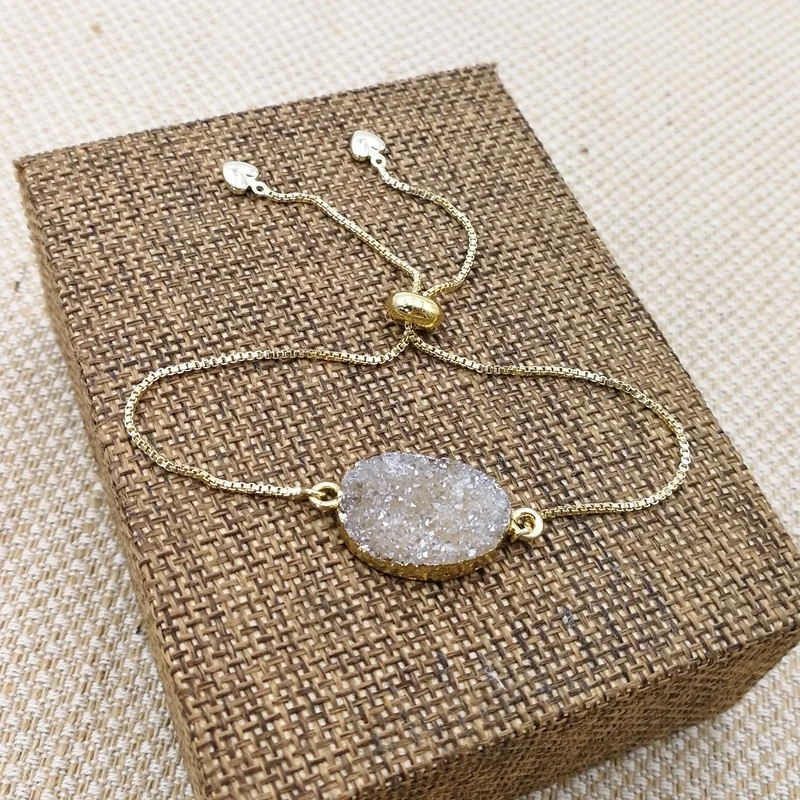 

Natural adjustable charm oval shape stone druzy jewelry champagne gems bangle fancy gold hand chain bracelet design for girls