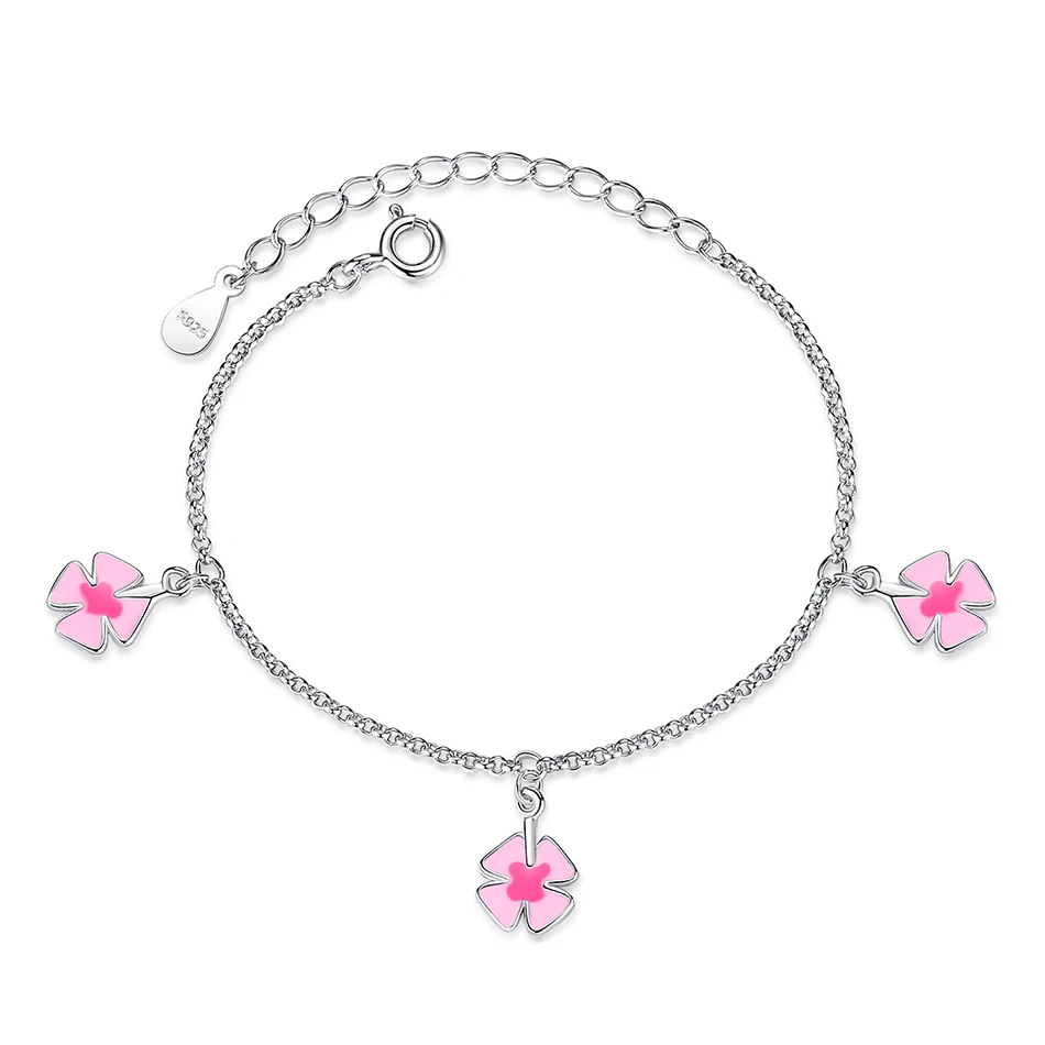 

Lovely 925 Sterling Silver Bracelet With 3 pieces Pink Enamel Clover Charm Bracelet Silver Jewelry for Children Girls' Gift