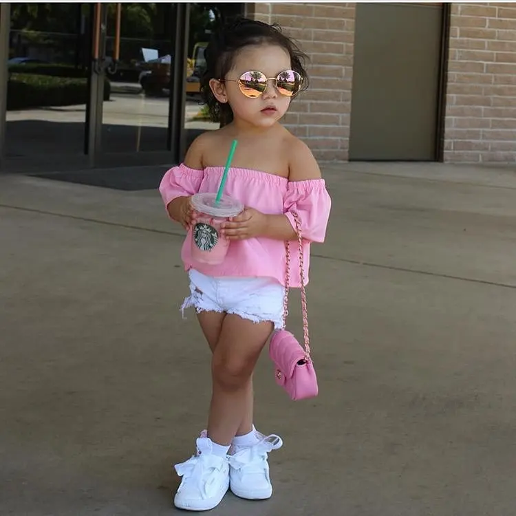 

Unique Kids Clothing Baby Girls Clothes Sets Summer Girls denim short pink word shoulder coat + white s Children's Clothing, As picture