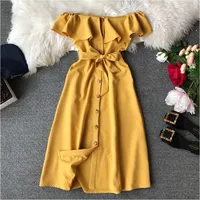 

Hot Sexy Dress For Women Brief Button Off Shoulder Ruffle Belted Elegant Summer Dresses Ladies Casual Wear E6010